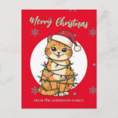 Moderne rote fröhliche Katzen-Schneeflocke Weihnac Postkarte (Vorderseite)