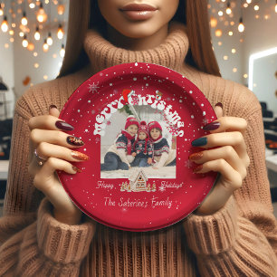 Moderne rote gebogene Graffiti-Frohe-Weihnachten-F Pappteller