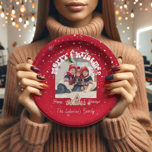 Moderne rote gebogene Graffiti-Frohe-Weihnachten-F Pappteller