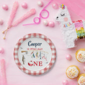 Moderne rote Gingham-Angelfeier zum 1. Geburtstag  Pappteller (Party)