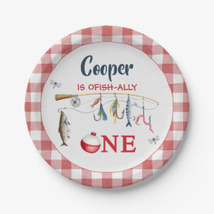 Moderne rote Gingham-Angelfeier zum 1. Geburtstag  Pappteller