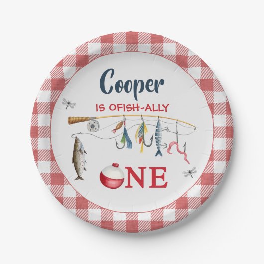 Moderne rote Gingham-Angelfeier zum 1. Geburtstag  Pappteller (Vorderseite)