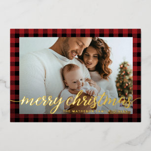 Moderne rote Gingham-Familienfoto-Weihnachtskarte Folien Feiertagskarte