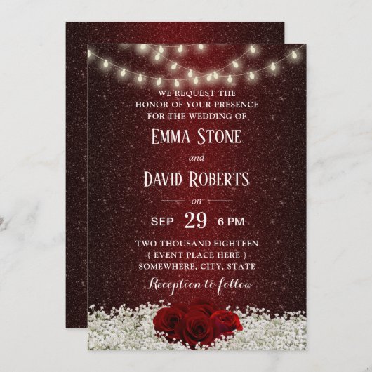 Moderne rote Glitzer-Rosen-Blumenhochzeit Einladung (Vorne/Hinten)