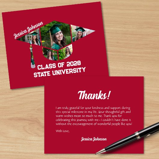 Moderne rote Graduierungstafel Form FotoCollage Dankeskarte