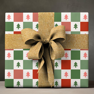 Moderne rote grüne Schachbrett-Weihnachtsbäume Geschenkpapier