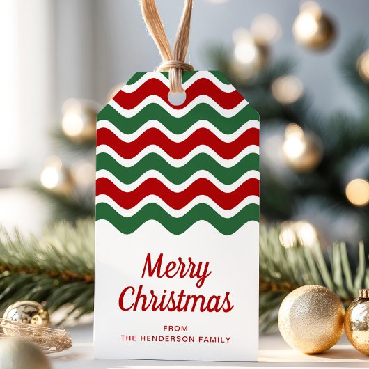 Moderne rote grüne Streifen Frohe Weihnachten Geschenkanhänger