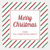 Moderne rote grüne Streifen Frohe Weihnachten Quadratischer Aufkleber (Vorderseite)