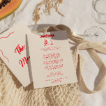 Moderne Rote Hand Vintage Quirky-Hochzeit Menükarte<br><div class="desc">Ein Vintages Retro-funky modernes,  lebhaftes Rot-und Creme-Hochzeitsmenü. Das elegante Template-Design aus cremigem,  milchigem Hintergrund und roter handgeschriebener Typografie. Mit Rot handgezapften Wein und Champagnerbrille vorne. Und skurrile Bugahne hinten. Ein perfekter und passender Rahmen für die ganze Suite.</div>