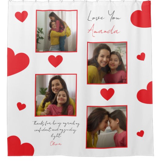 Moderne rote Herzen Geschwisterfoto Collage Duschvorhang (Vorderseite)