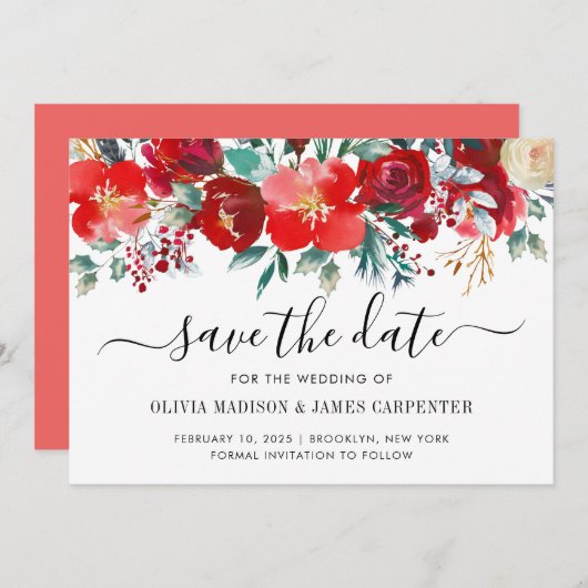 Moderne Rote Holly Berries Holiday Floral Wedding Save The Date (Vorne/Hinten)