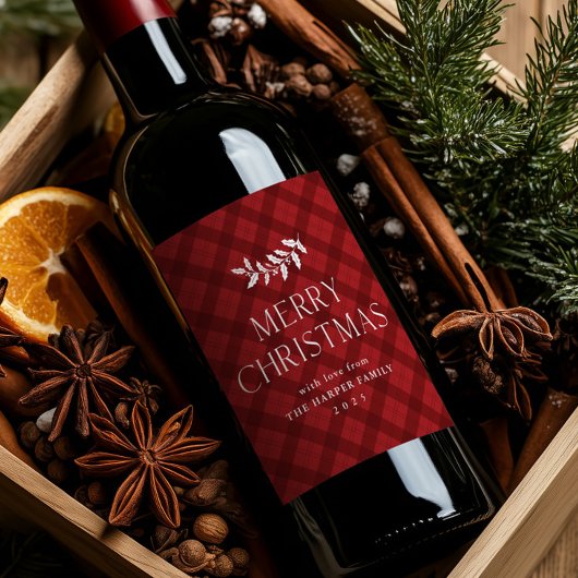 Moderne rote karierte rustikale Weihnachten Weinetikett