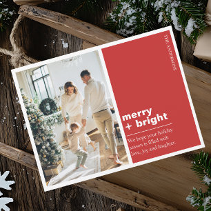 Moderne rote Merry + Bright Weihnachtsfoto Postkarte