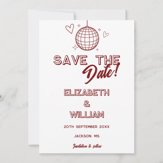 Moderne Rote Retro Disco Save The Date (Vorderseite)