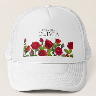 Moderne rote Rose Minimalistischer Name Ich liebe  Truckerkappe