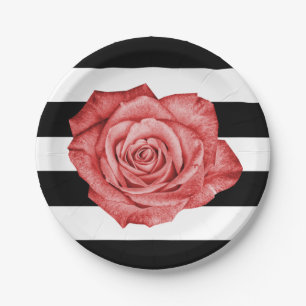 Moderne rote Rose schwarze weiße gestreifte Hochze Pappteller