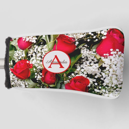 Moderne rote Rosen mit Monogramm und Name Golf Headcover (Vorderseite)