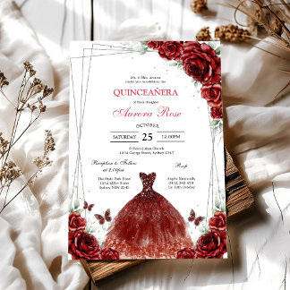 Moderne rote Rosenblumen-Quinceanera-Einladung Einladung