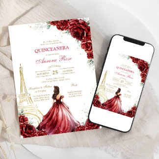 Moderne rote Rosenblumen-Quinceanera-Einladung Einladung