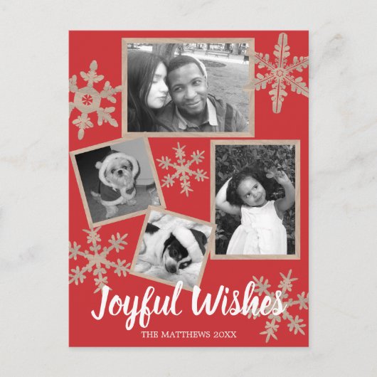 Moderne Rote Rustikale Schneeflocke 4 Foto Weihnac Postkarte (Vorderseite)