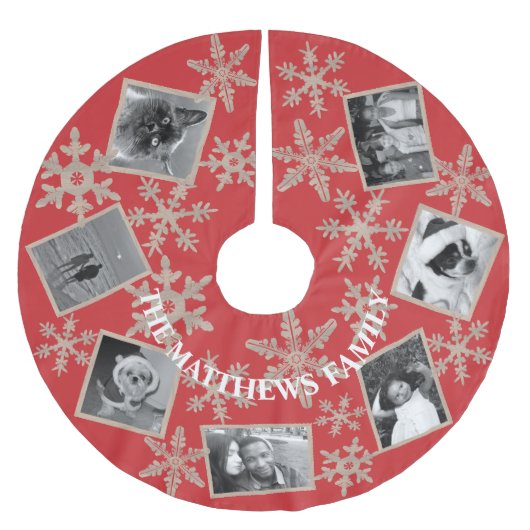 Moderne Rote Rustikale Schneeflocke mit 7 Fotos Polyester Weihnachtsbaumdecke (Vorderseite)