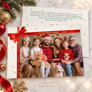 Moderne rote Schleife Schneeflocken Familienfoto G Folien Feiertagskarte