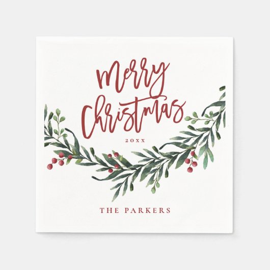 Moderne rote Schrift Frohe Weihnachtsgrün Serviette (Vorderseite)