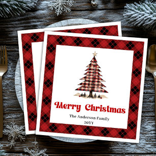 Moderne rote schwarze Karo-Weihnachtsbaum-Serviett Serviette