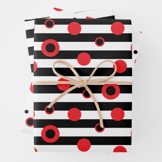 Moderne rote, schwarze, weiße Kreise und Streifen Geschenkpapier Set (Beispiel)