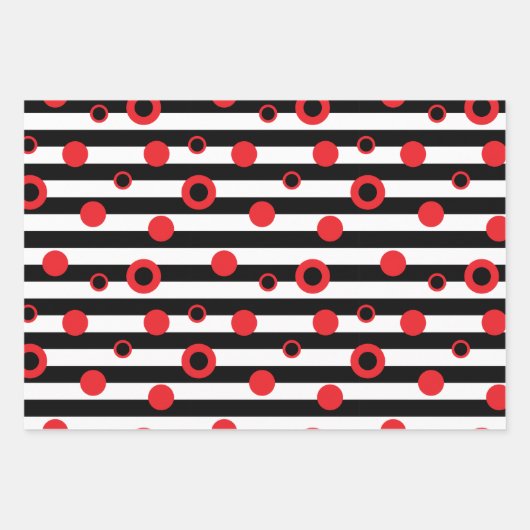 Moderne rote, schwarze, weiße Kreise und Streifen Geschenkpapier Set (Vorderseite)