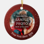 Moderne Rote Snowflake-Stars auf 2 Fotos Keramik Ornament (Vorne)