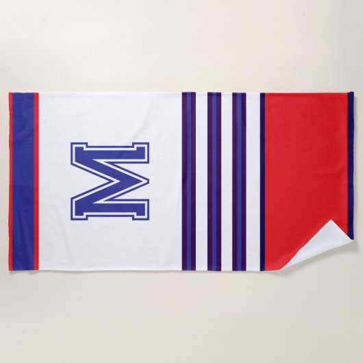 moderne rote und blaue Monogramm-Strandtuch Strandtuch (Vorderseite)