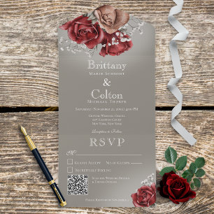 Moderne rote und braune Rosen Florale graue QR-Cod All In One Einladung