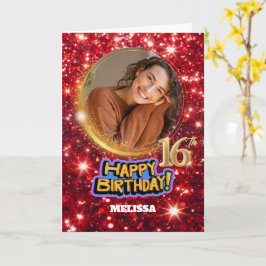 Moderne rote und goldene Glitter-Foto-Name 16. Geb Karte