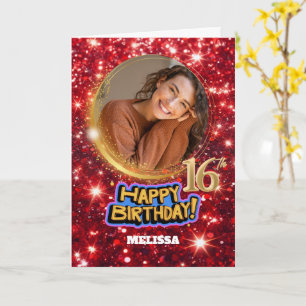 Moderne rote und goldene Glitter-Foto-Name 16. Geb Karte