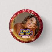 Moderne rote und goldene Glitter-Foto-Name-Geburts Button (Vorderseite)