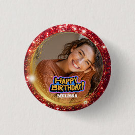 Moderne rote und goldene Glitter-Foto-Name-Geburts Button