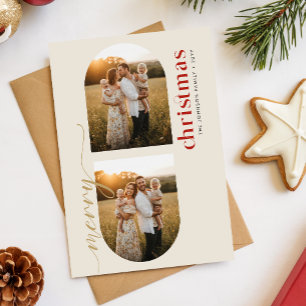 Moderne rote und goldene Schriftfamilienfoto-Weihn Feiertagspostkarte