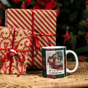 Moderne rote und grüne karierte Weihnachts-Foto-Co Kaffeetasse