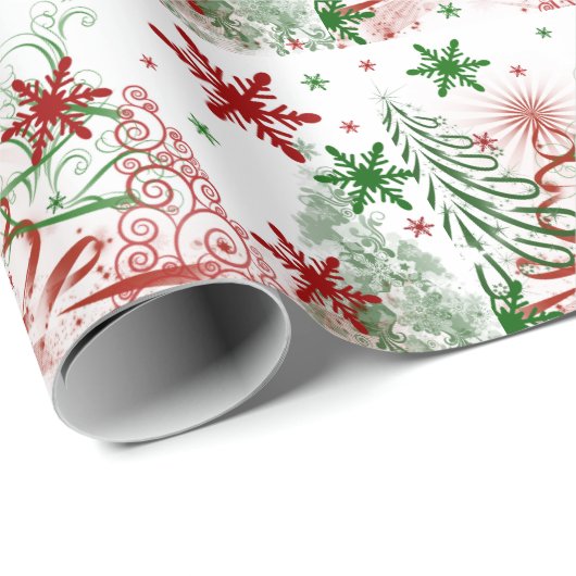 Moderne rote und grüne Weihnachtsbäume Schneeflock Geschenkpapier (Rolleneckpunkt)