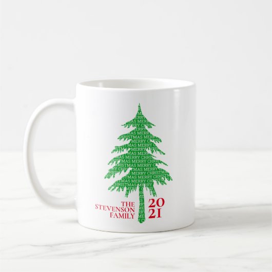 Moderne, rote und grüne Weihnachtsbaumfamilie Kaffeetasse (Links)