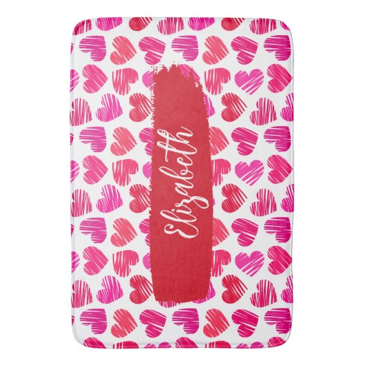 Moderne rote und rosa doodled Herzen Valentine Nam Badematte (Vorderseite Vertikal)