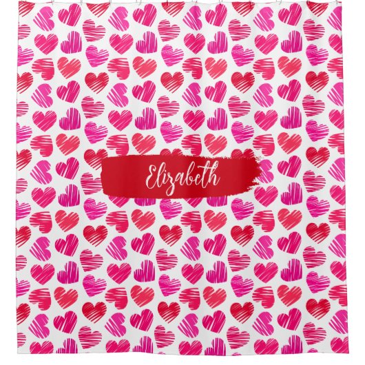 Moderne rote und rosa doodled Herzen Valentine Nam Duschvorhang (Vorderseite)