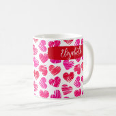 Moderne rote und rosa doodled Herzen Valentine Nam Kaffeetasse (VorderseiteRechts)