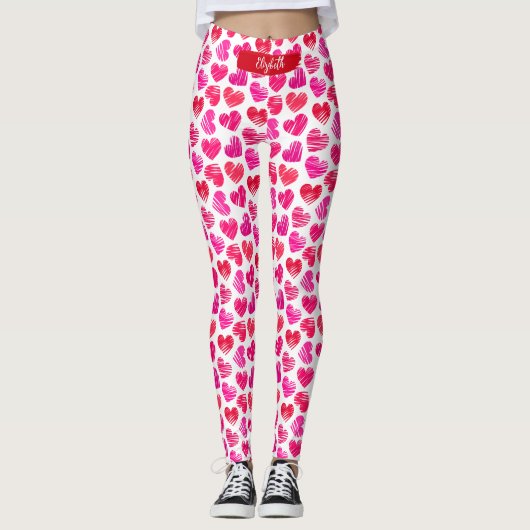 Moderne rote und rosa doodled Herzen Valentine Nam Leggings (Vorderseite)