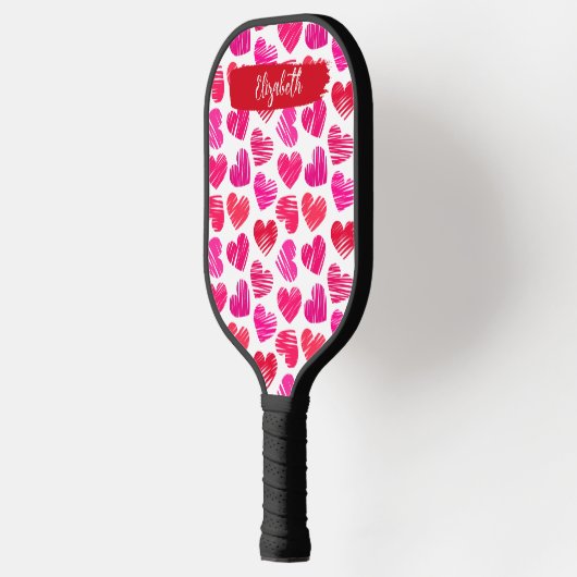 Moderne rote und rosa doodled Herzen Valentine Nam Pickleball Schläger (Links)