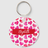 Moderne rote und rosa doodled Herzen Valentine Nam Schlüsselanhänger (Vorderseite)