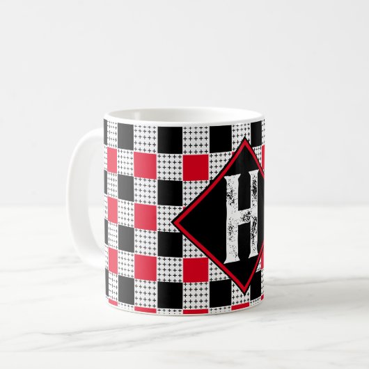 moderne rote und schwarze Büffel kariert Checkered Kaffeetasse (Vorderseite Links)