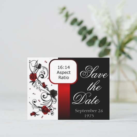 Moderne rote und schwarze Rose Save the Date Postk Ankündigungspostkarte (Stehend Vorderseite)