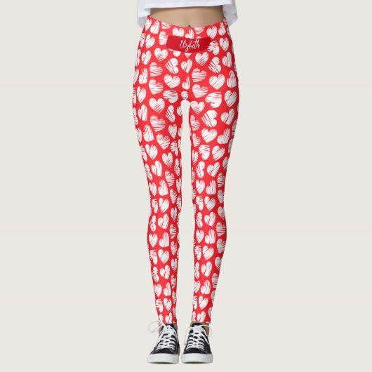 Moderne rote und weiße doodled Herz Valentine Name Leggings (Vorderseite)